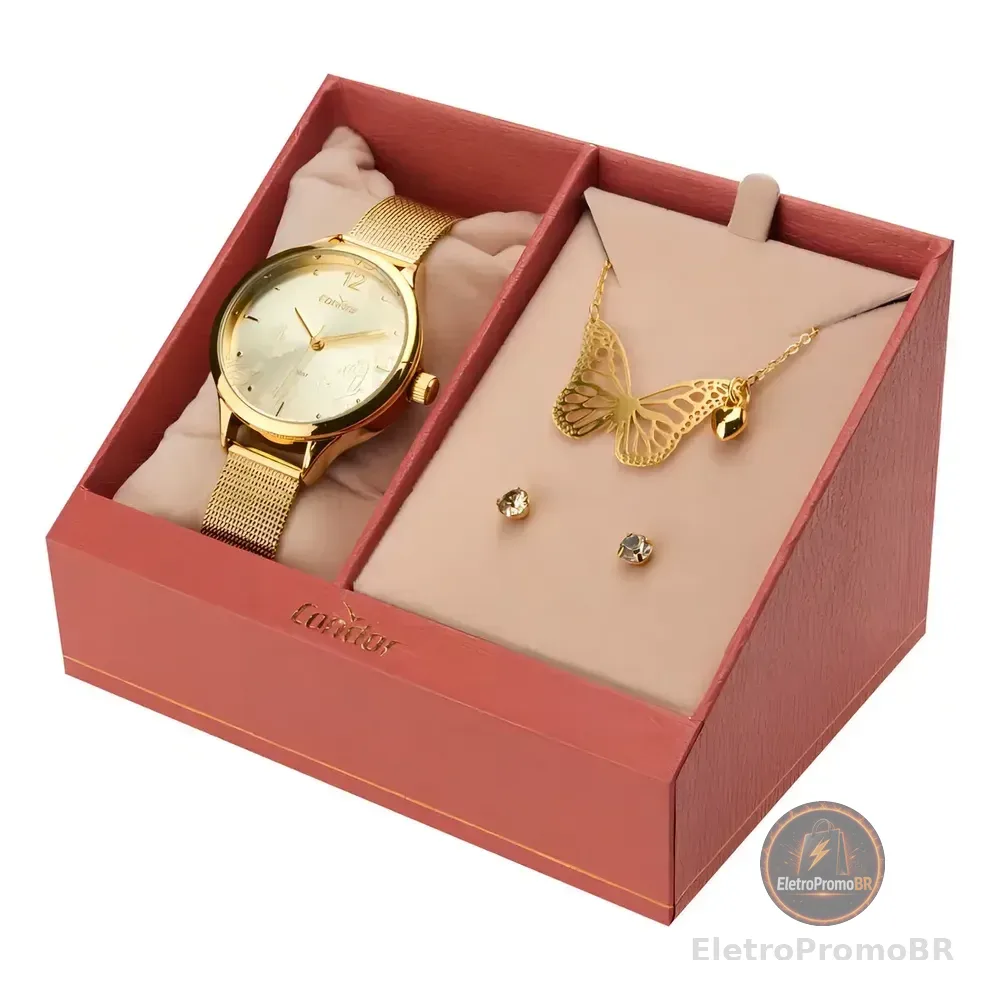 Kit Relógio Feminino Dourado + Condor Dourado Dourado Dourado