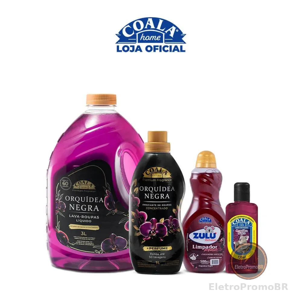 Kit Coala Rotina Perfumada Orquídea Negra - Lava roupas + Amaciante + Limpador Concentrado120ml + Limpador 500ml