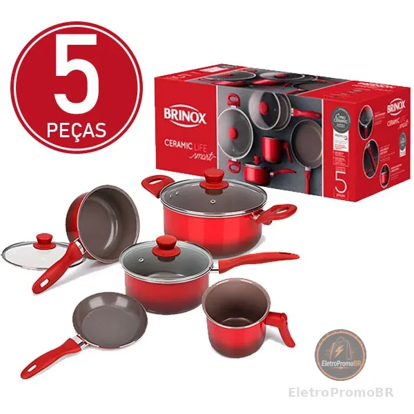 Jogo de Panelas Brinox Life Smart Easy Cerâmica 5 Peças - Vermelho