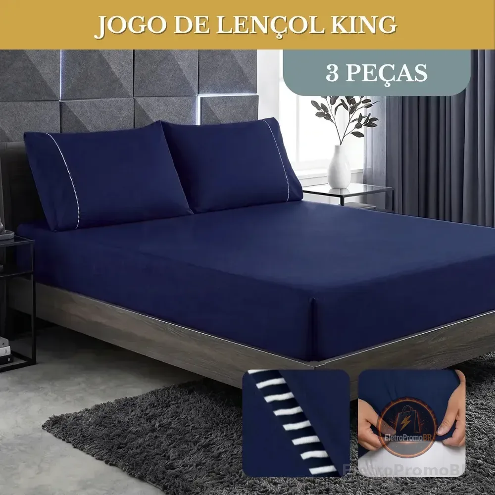 Jogo De Lençol Cama King 03 Peças 400 Fios Ponto Palito Cor Azul-marinho Desenho Do Tecido Lisa Liso