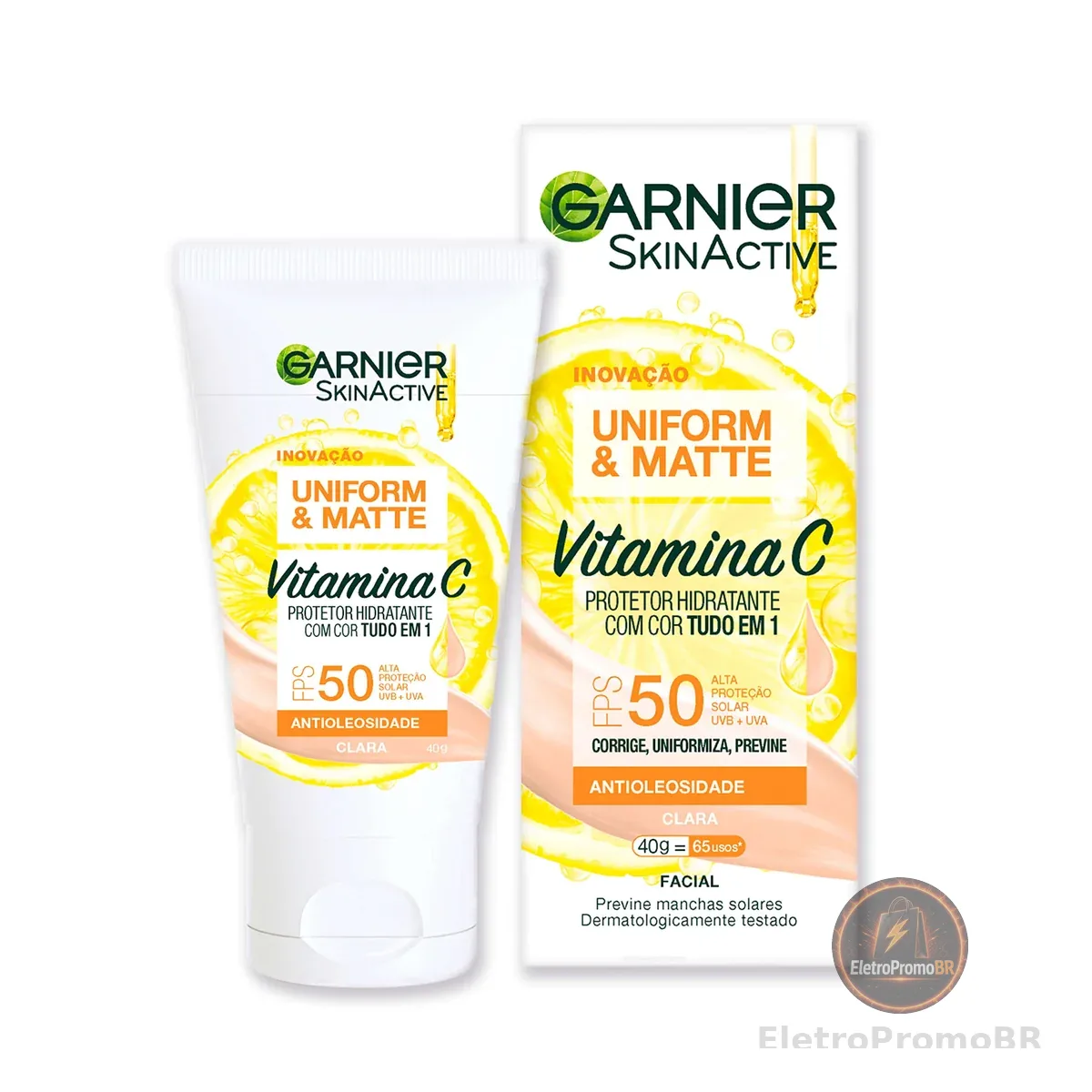 Garnier Skinactive Uniform & Matte Protetor Solar Hidratante Facial com Vitamina C, Efeito Matte Antioleosidade, Reduz e Previne Manchas, Tecnologia Camaleão, Cor Clara, 40g