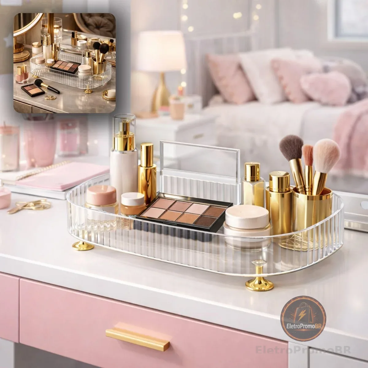 Organizador de Maquiagem Oval com 2 Divisórias – Porta Cosméticos Multiúso 27,5cm – Ideal para Penteadeira, Banheiro e Skincare – Design Elegante e Funcional