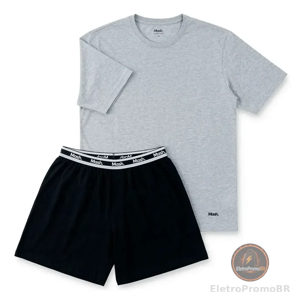 Pijama Algodão Manga Curta Gola Careca Com Elastico Mash Cinza-mescla-claro Liso M