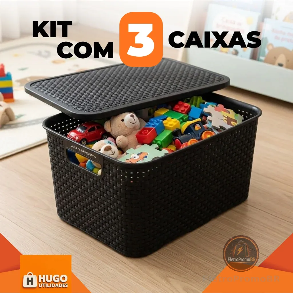 Kit 3 Cestos Organizadores Multiuso Rattan 7L Com Tampa Colorido