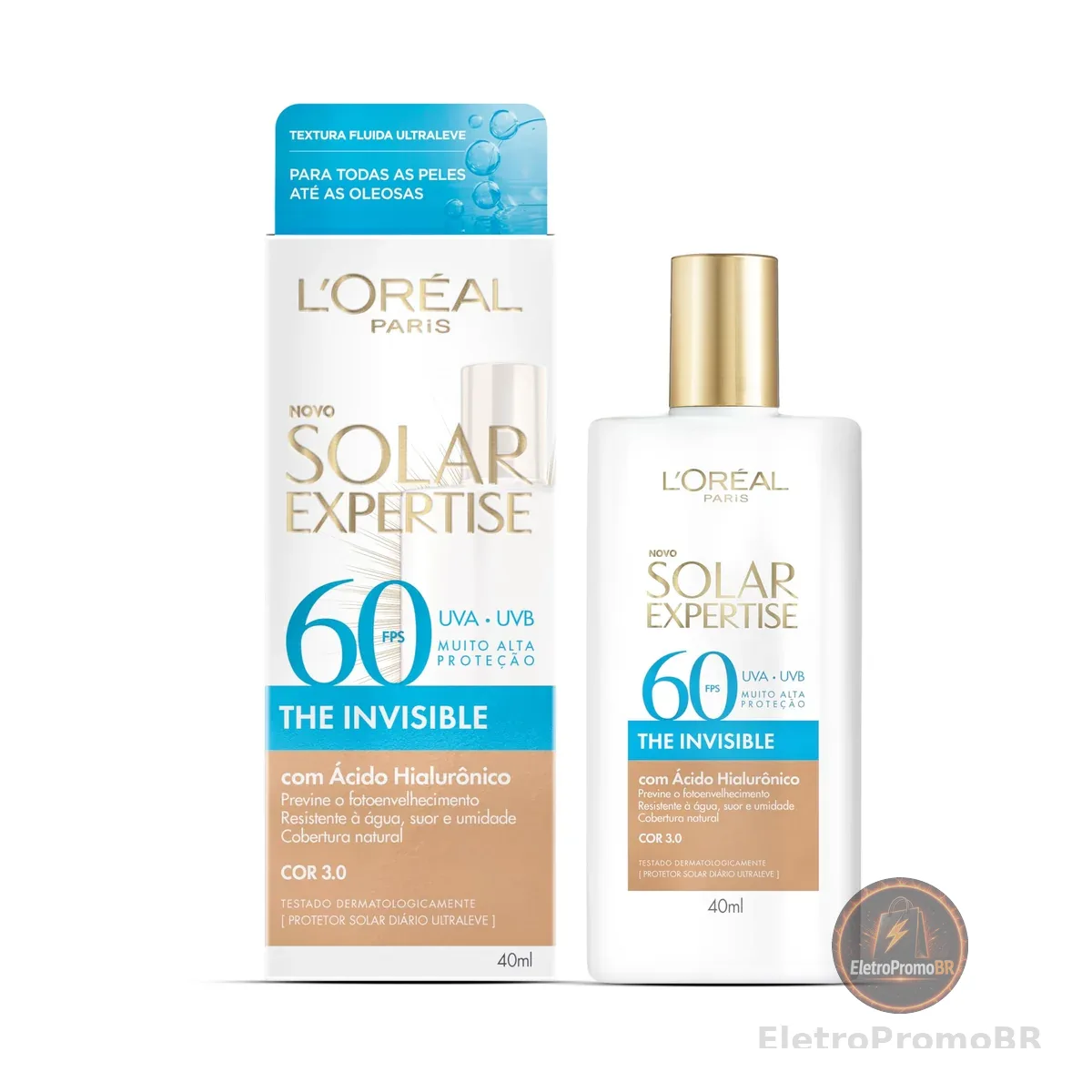 L'Oréal Paris Solar Expertise, Protetor Solar Facial The Invisible Fluido FPS60 com Ácido Hialurônico e Tecnologia NETLOCK, Alta Proteção Solar com Ação Anti Idade, Cor 3.0 40g