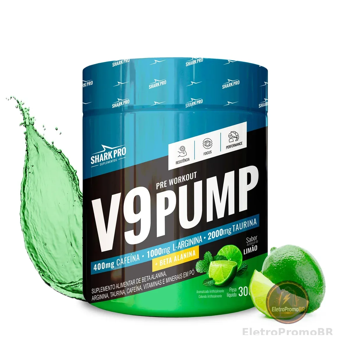 Shark Pro V9 Pump Pré-Treino Sabor Limão - 400mg de Cafeína - Suplemento Alimentar de Beta Alanina, Arginina, Taurina e Cafeína - 300g