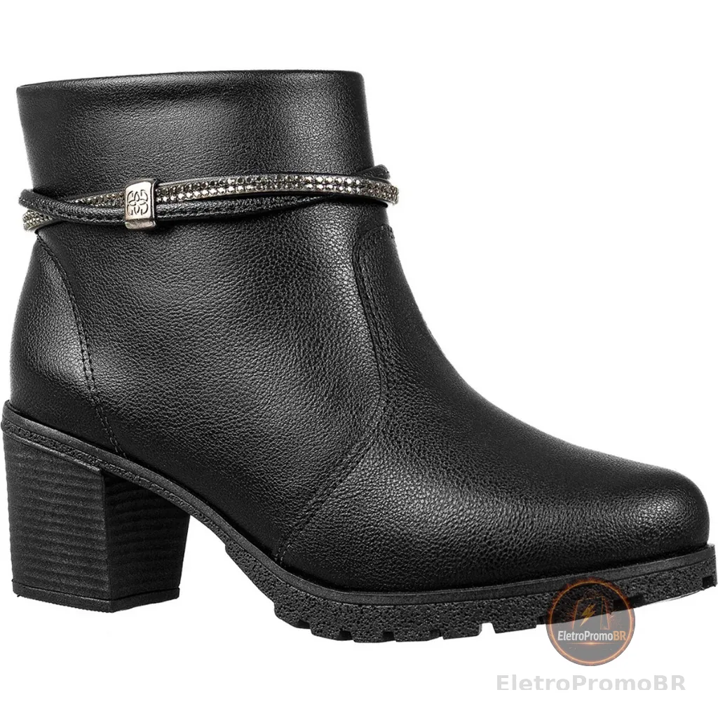 Bota Feminina GiGiL Salto Grosso Baixo Cano Curto Tiras Abauladas Strass Zíper Macio Blogueira