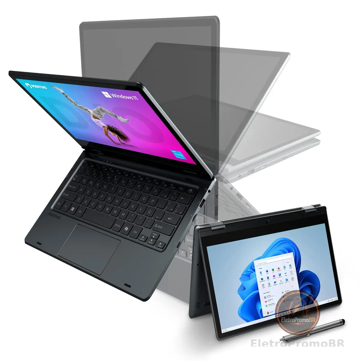 Notebook 2 em 1 Positivo Duo Intel Celeron N4500 8GB RAM 128GB de Armazenamento, Tela 11" HD IPS touch com caneta capacitiva, Windows 11 Home – Cinza – C8128E