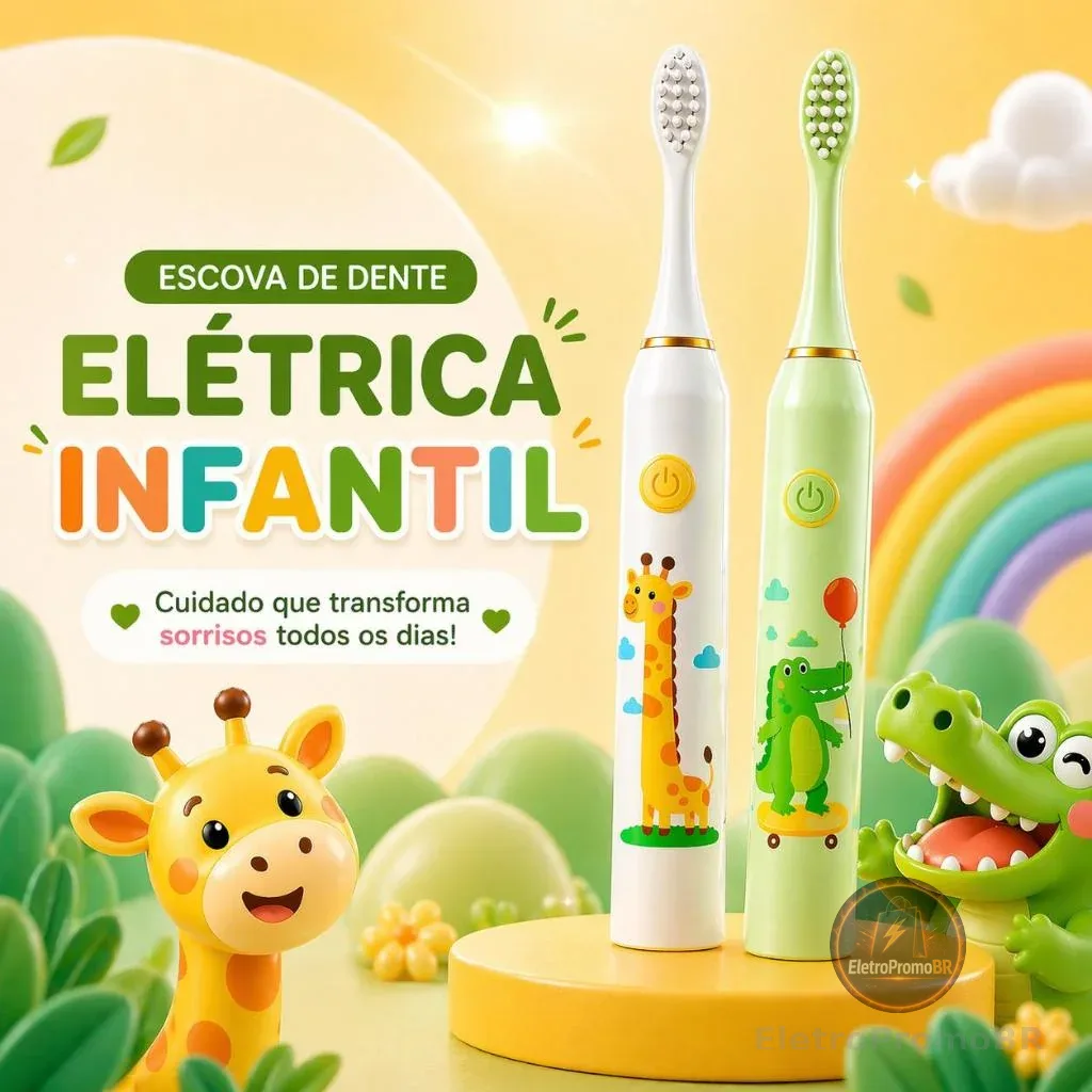 Escova de Dente Elétrica Infantil + 4 Refis Limpeza Suave Cerdas Macias à Prova D'Água Recarregável