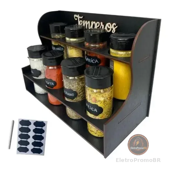 Porta Temperos E Condimentos Luxo 8 Potes Mais Etiquetas Preto