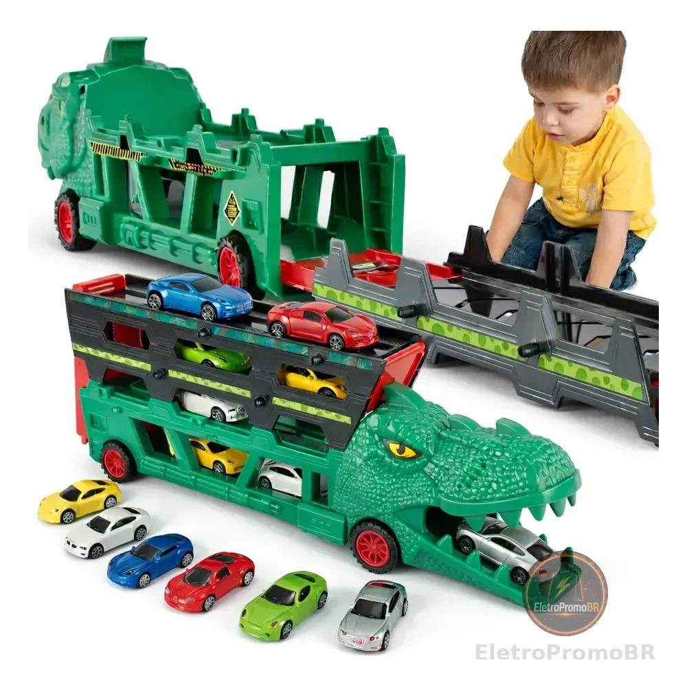 Lançador Dino Truck Super Carrinhos Caminhão Cegonha Pista Verde