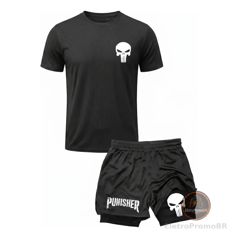 Kit Academia Treino Camiseta Dry Fit + Short 2 Em 1 Punisher Preto M