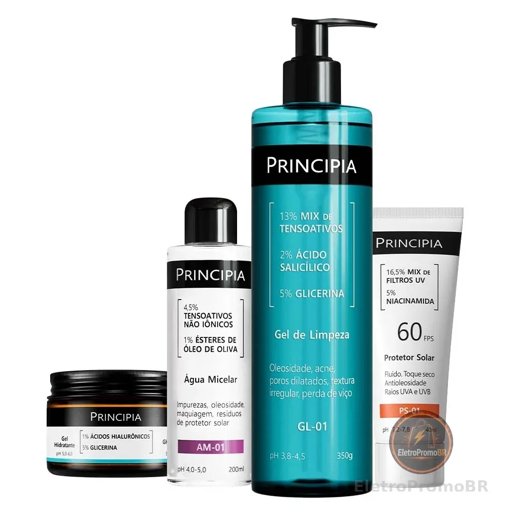 Principia Kit Limpeza e Hidratação c/ Gel de Limpeza GL-01 + Água Micelar AM-01 + Gel GH-01 + Protetor PS01 FPS 60
