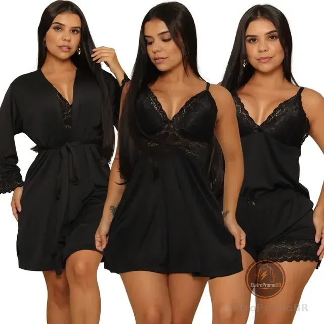Kit  Robe Roupão + Camisola De Renda + Baby Doll De Luxo