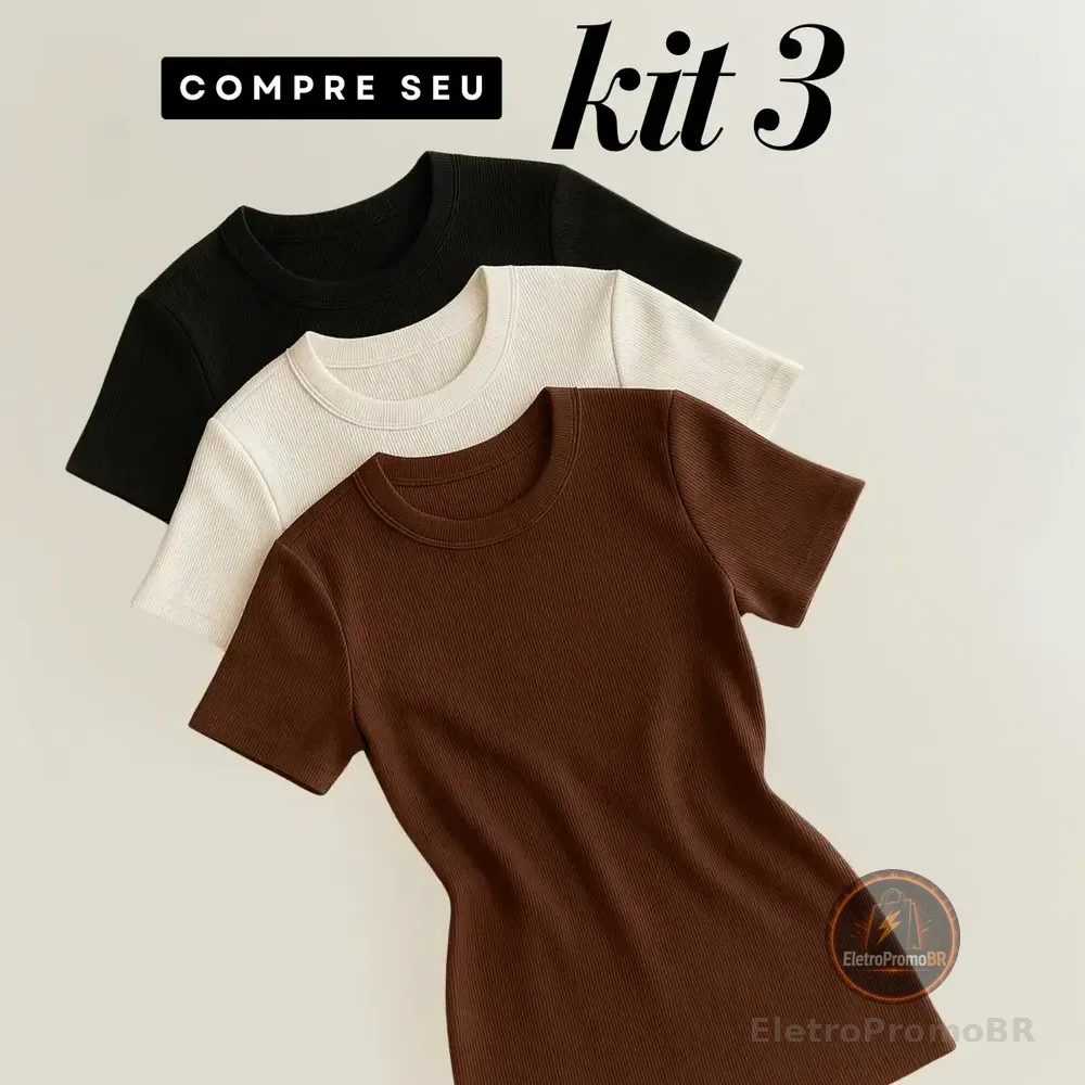Kit 3 Blusas Feminina Ribana Canelado Básica Casual Preta, Marrom E Branca M/g (36/42)