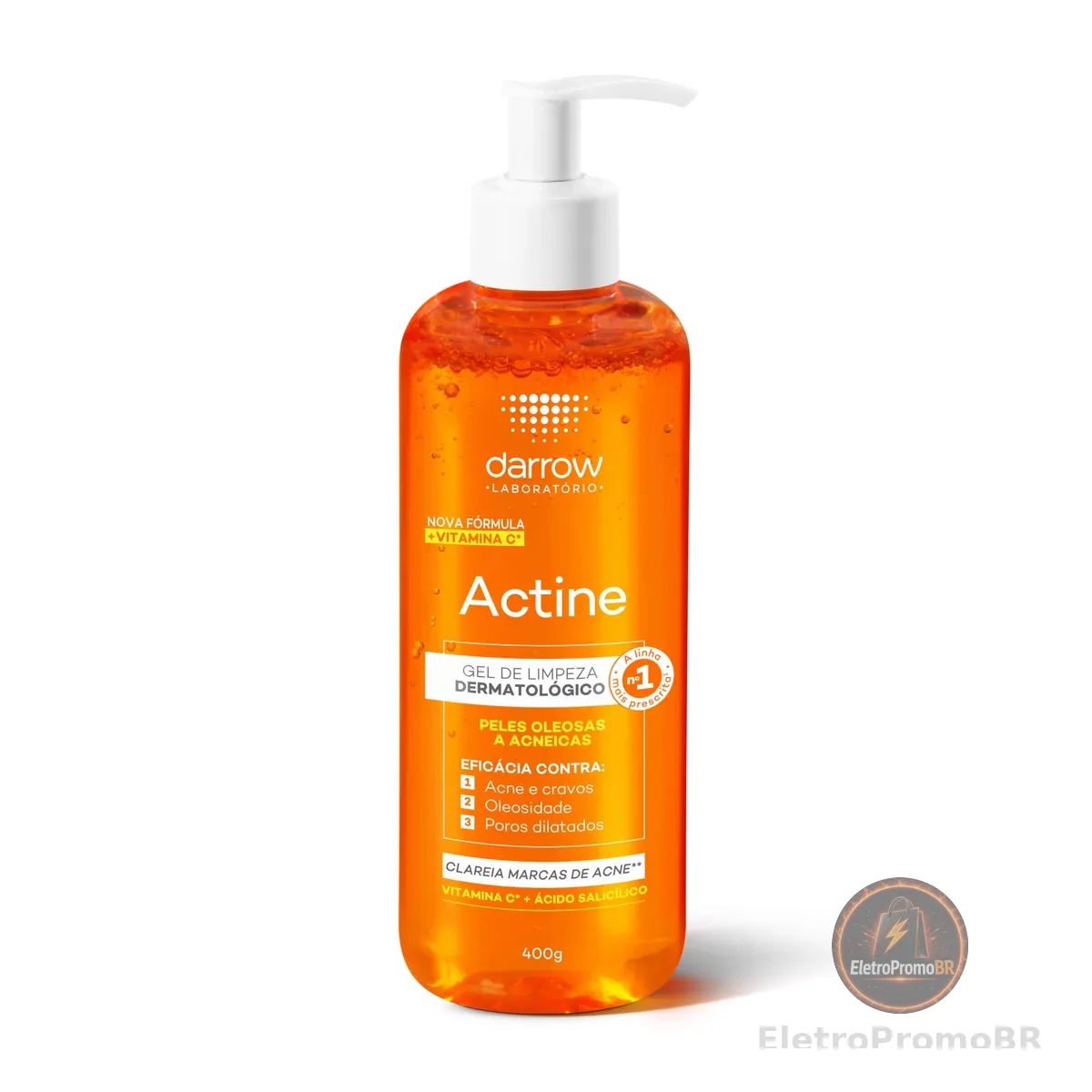 Darrow Actine Gel de Limpeza Dermatológico Facial com Ácido Salicílico, Vitamina C e Lactato de Mentila, Redução de 86% da Acne e -90% Oleosidade Imediatamente, 400g