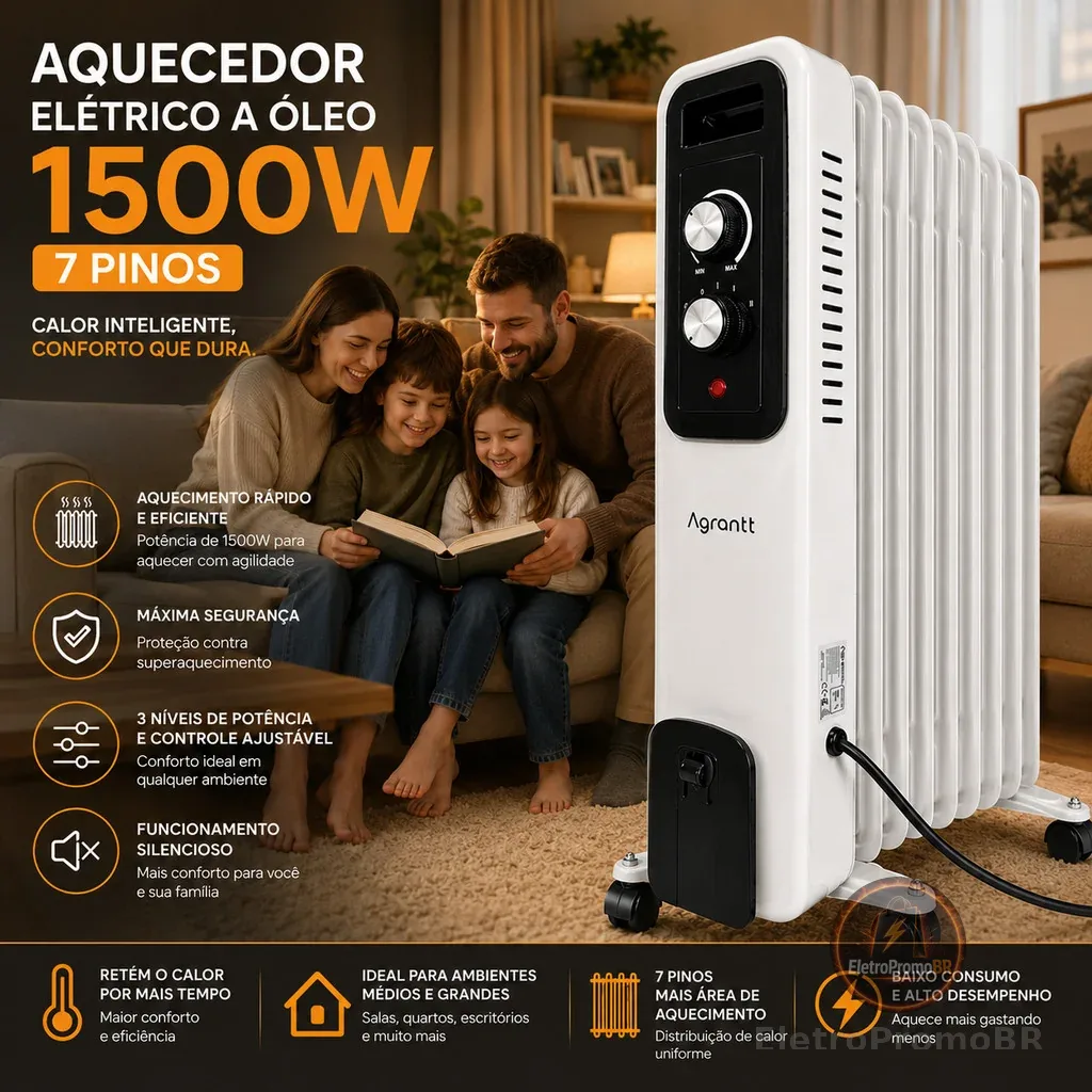 Aquecedor A Óleo Agrantt 1500W 3 Níveis 7 Pinos Elétrico Portátil Silencioso Quarto Sala Escritório