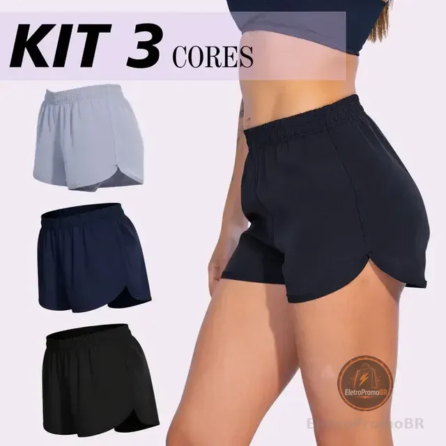 Kit 3 Short Feminino Tactel Liso Praia Piscina Treino Básico