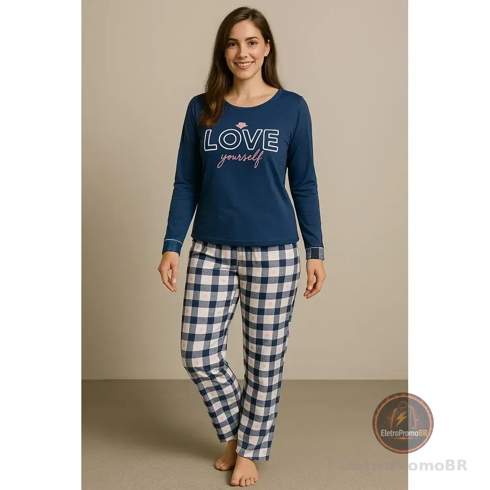 Pijama Feminino Longo Malha Adulto Manga Comprida Frio Luxo Calca Xadrez Azul Gg