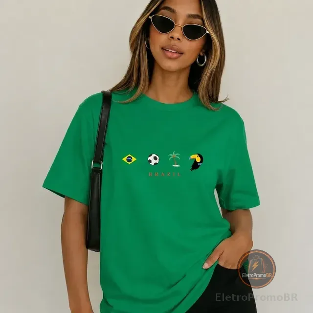 Camiseta T Shirt Estampa Ícones Brasil Tropical Algodão
