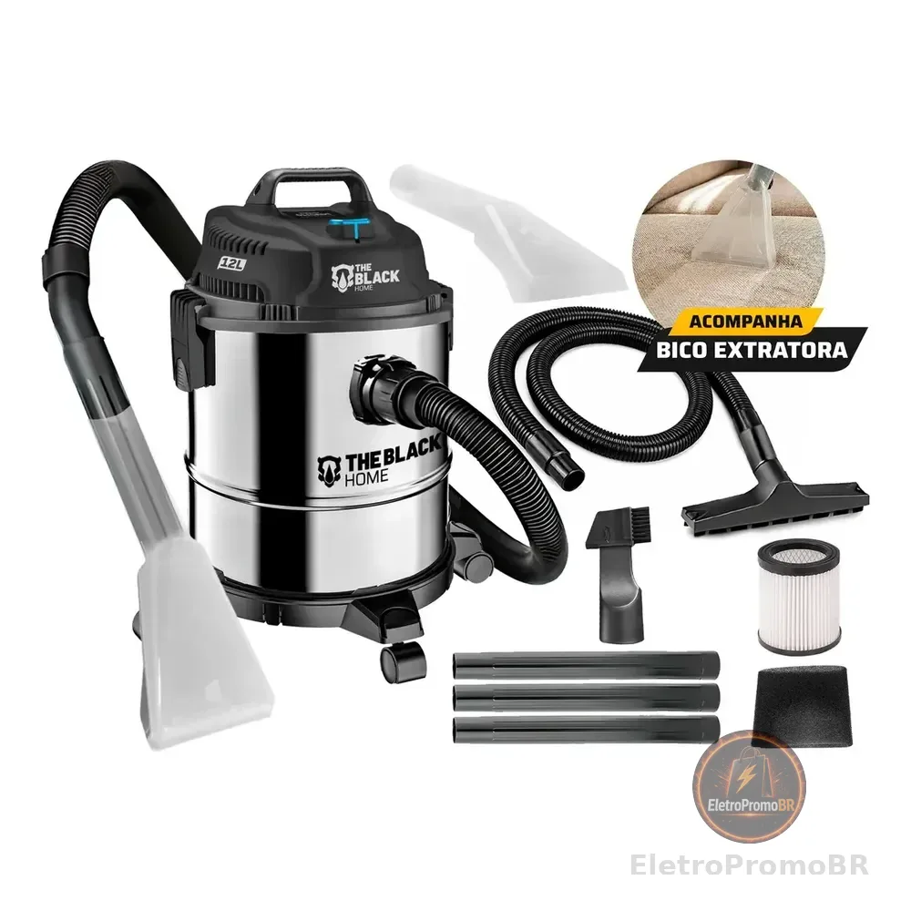 Aspirador De Pó E Água Inox Turbo 12 Litros 1200w Com Soprador E Bico Extratora Multiuso Tbac120 The Black Tools Prateado 220v