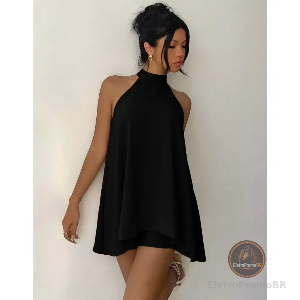Conjunto Feminino Vestido Soltinho Frente Unica Short Verão Preto Único