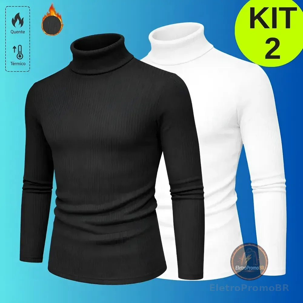 Kit 2 Blusa Cacharrel Masculino Gola Alta Canelado Camisas Preto-branco M (38-40)