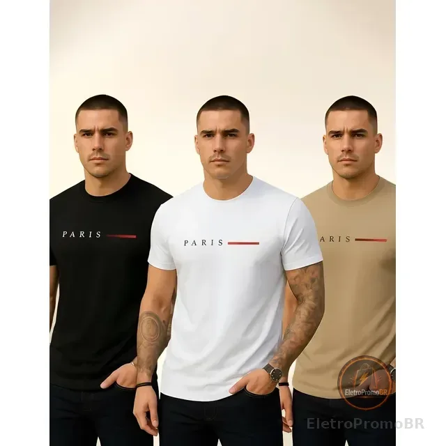 Kit 3 Camisetas Paris Masculinas Luxo Camisa Algodão Premium