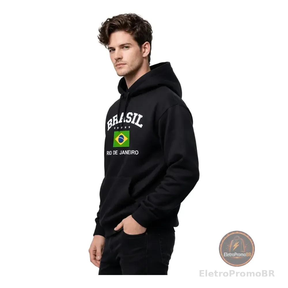 Blusa De Frio Moletom Estampado Com Capuz E Bolso Canguru M Preto