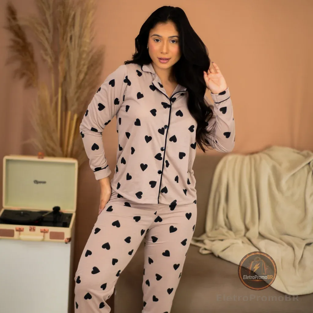 Pijama Feminino Americano Comprido Inverno Com Botões Calça e Blusa Malha