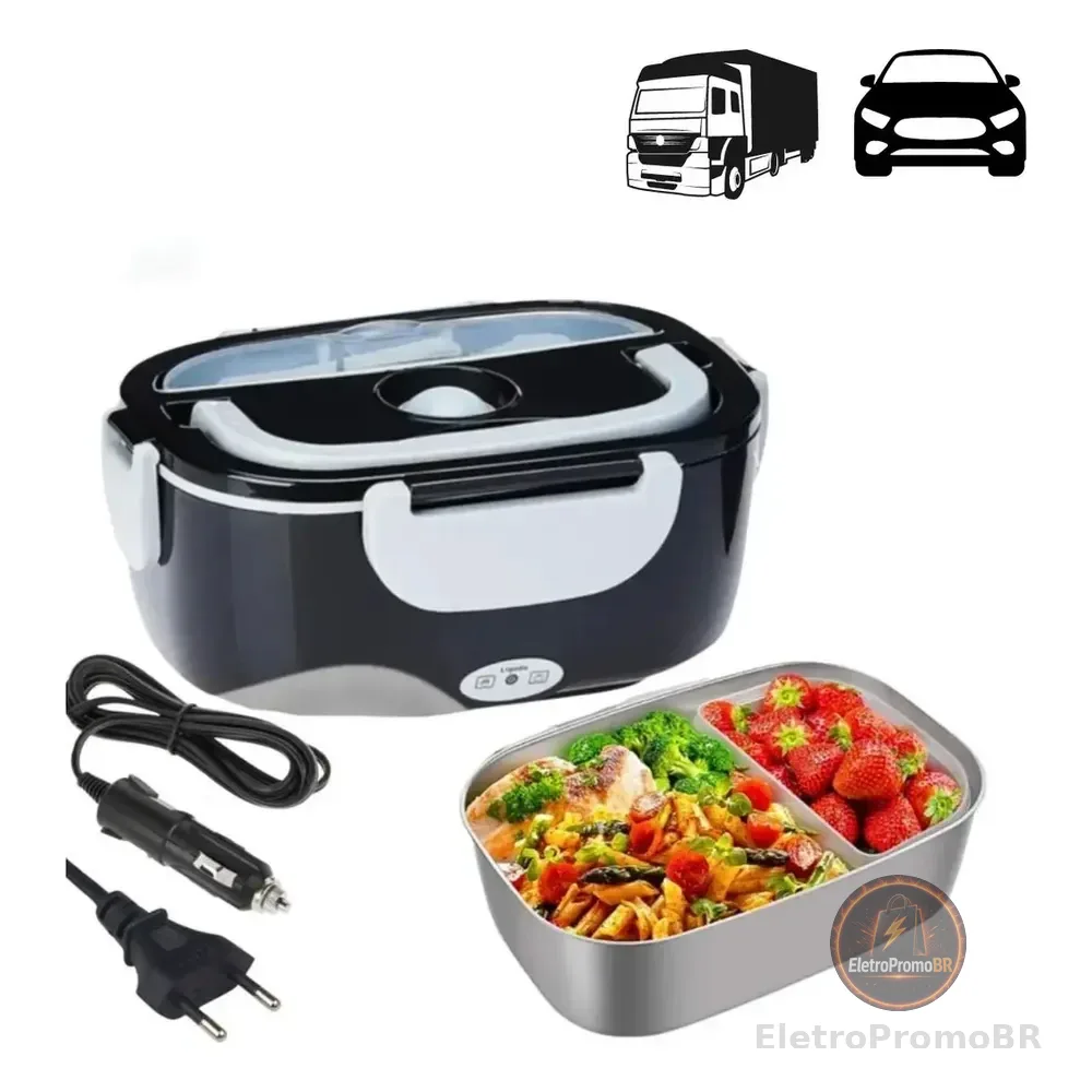 Marmita Elétrica Preta Bivolt Portátil Doméstica Veicular 12/24v Lancheira 1.5l Com Divisórias Esquenta Rápido Preto