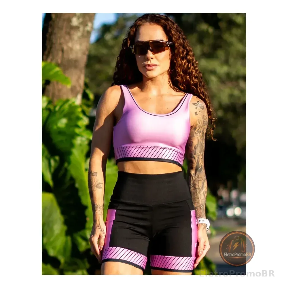 Conjunto Academia Top Alta Sustentação Shorts Cós Alto Rosa Liso P