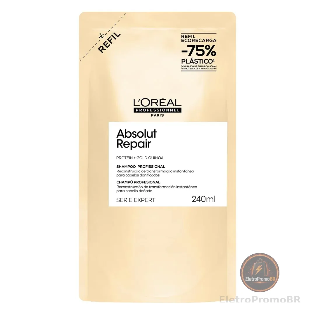 L'Oréal Professionnel Serie Expert Absolut Repair, Shampoo Reconstrutor para Cabelos Danificados e Finos Refil com Quinoa Dourada, Reparação Profunda e Brilho Intenso 240ml