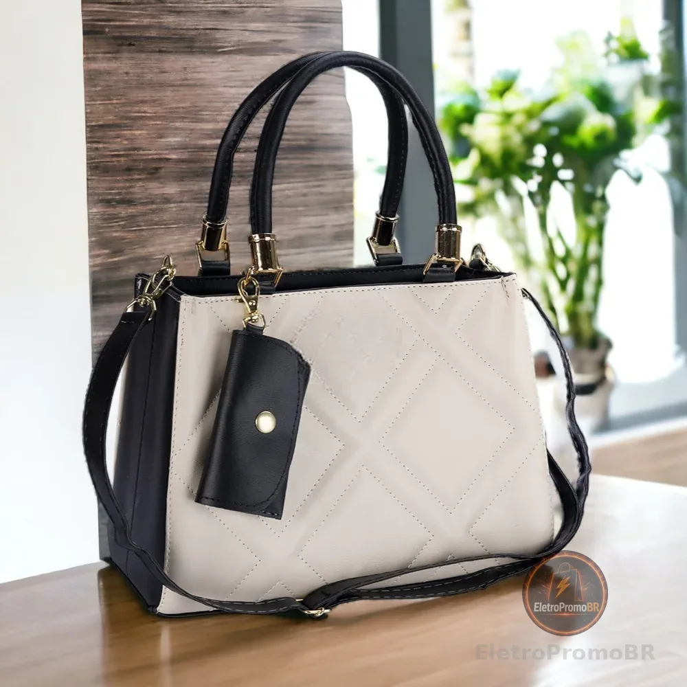 Bolsa Feminina Media Lorena Bordada Bicolor com Porta Moedas