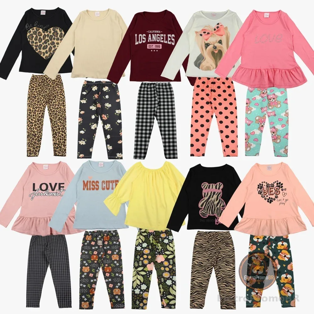 Kit 8 Peças Infantil Menina Meia Estação Legging Flanelada+Blusa Algodão Confortável Sortida Tam2-12