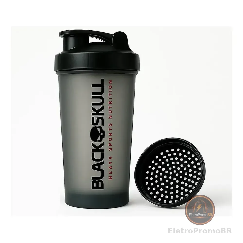 Coqueteleira Com Filtro 600ml Black Skull Cor Preto Fumê - Garrafa Academia Treino - Shakeira Preta Fumê