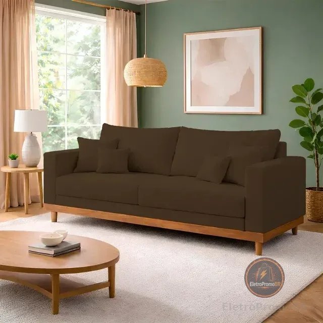 Sofá Living 3 Lugares Suede Resistente Madeira + Almofadas
