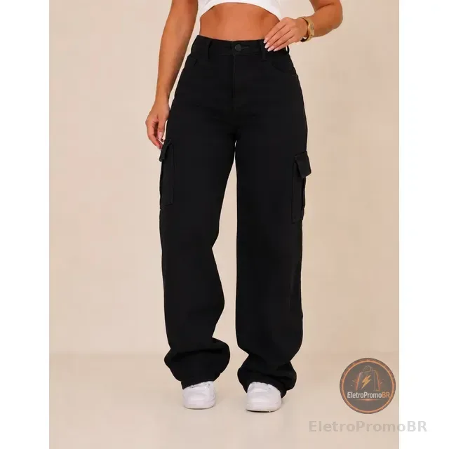 Calça Cargo Jeans Feminina Wide Leg Cintura Alta Stillger