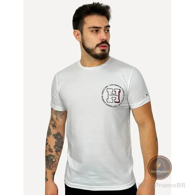 Camiseta Tommy Hilfiger H Roundle Columbus Logo Branco