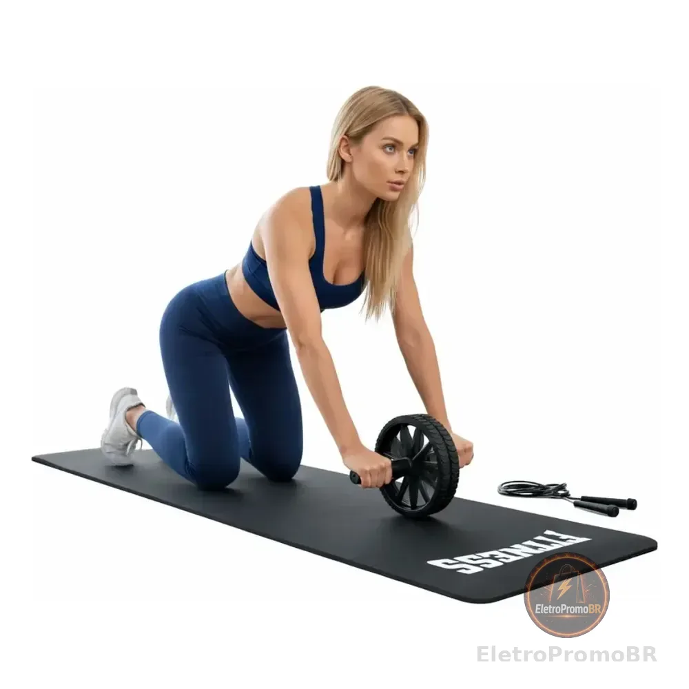 Kit Academia Corda Colchonete Roda Abdominal Treino Em Casa Preto