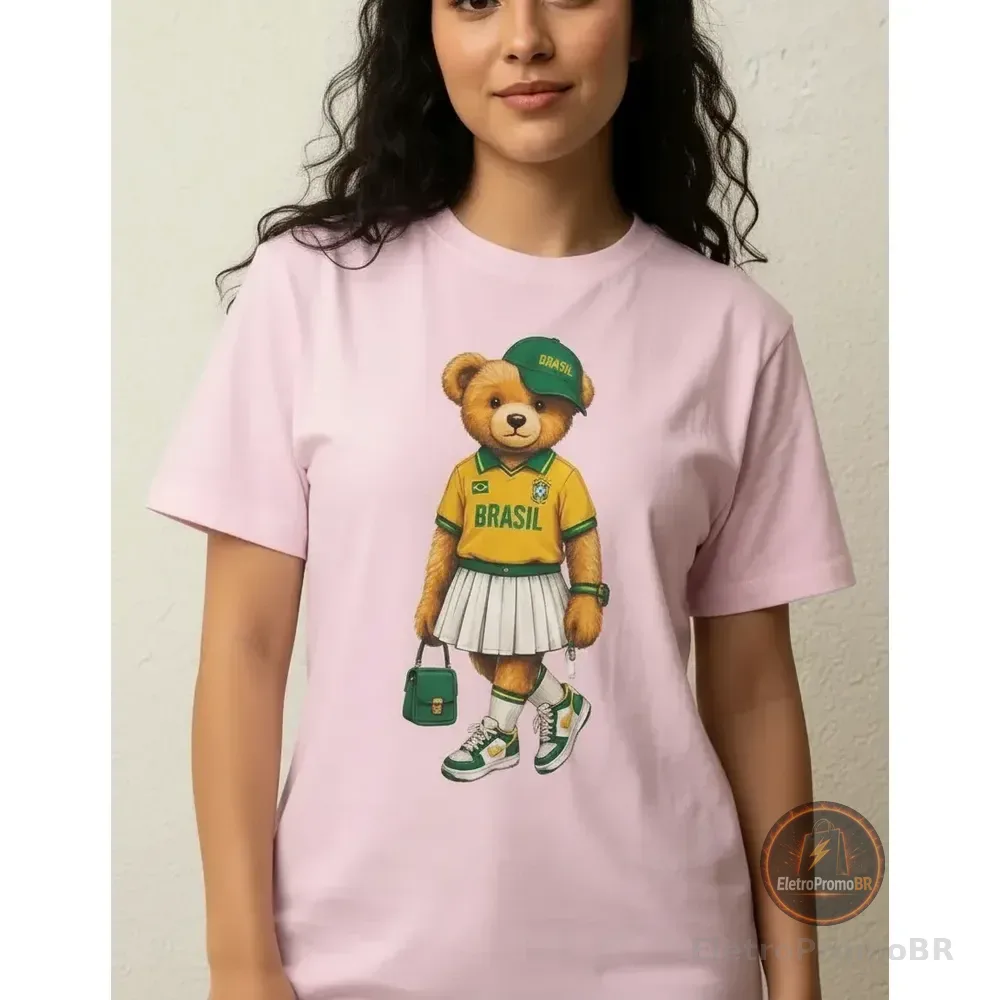 Camiseta Feminina T Shirt Brasil Ursa Torcedora Fashionista Rosa Gg