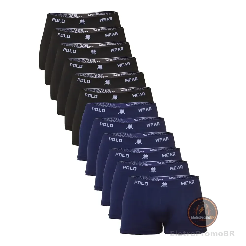 Kit 12 Cuecas Boxer Polo Wear Masculino Microfibra Liso Preto / Azul-marinho Liso G