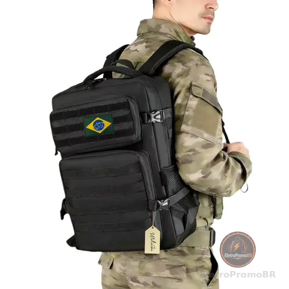 Mochila Tática Militar Resistente Impermeável 30 Litros Bolsa Escola Faculdade Trabalho Super Reforçada Bandeira Brasil Brinde Preta Utilizzei Preto