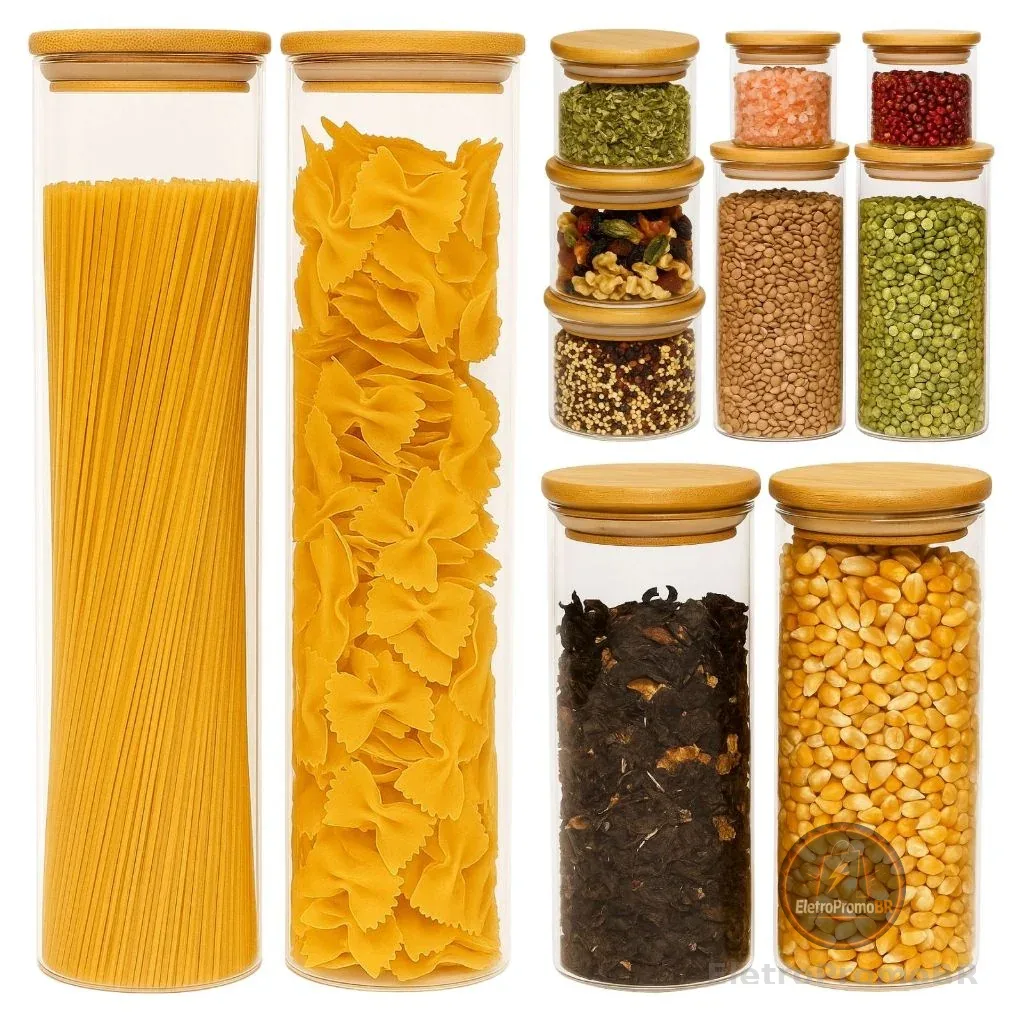 Kit 11 Potes Herméticos de Vidro com Tampa de Bambu para Cozinha Mantimentos Alimentos