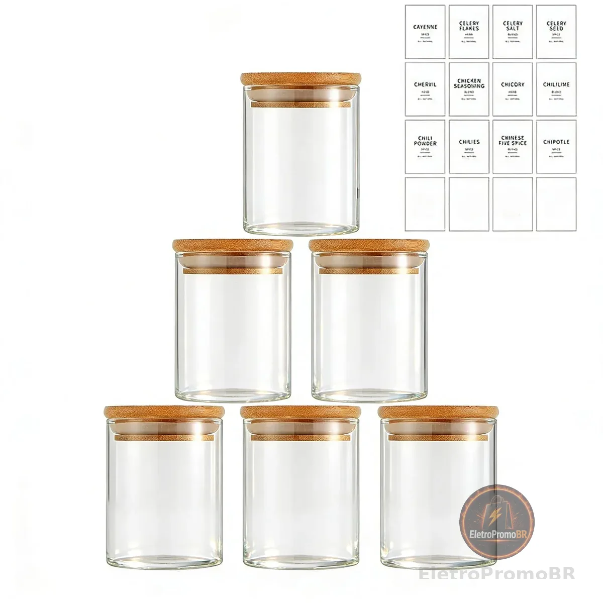 Potes Herméticos de Vidro com Tampa de Bambu - Kit 6 Unidades 200ml para Temperos, Grãos, Café e Organização de Cozinha