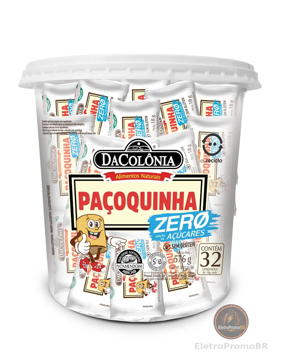 DaColônia Paçoquinha Zero Açúcar Pote 32 Unidades (18g cada) – Snack de Amendoim Sem Açúcar, Porções Individuais, Ideal para Dieta e Diabéticos