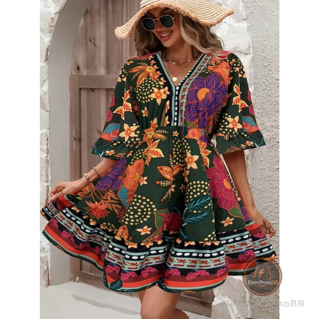 Vestido Curto Soltinho Floral Feminino Fresquinho Elegante Moda Verão Primavera Decote Casual Manga
