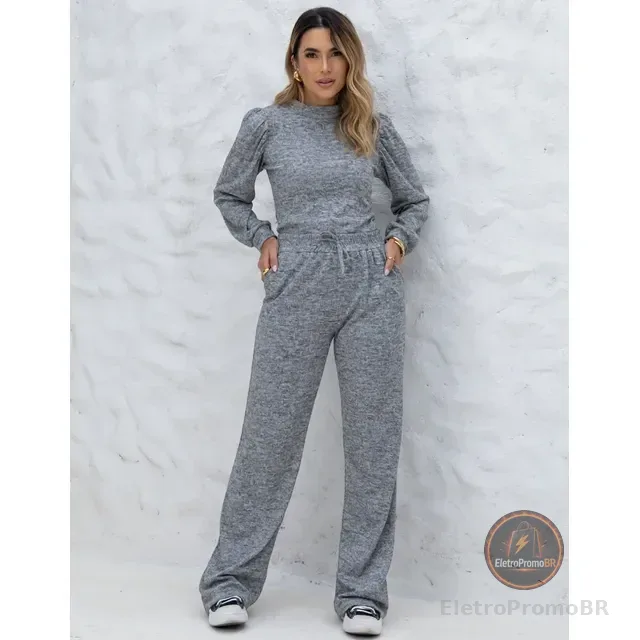 Conjunto Feminino Malha De Tricot Blusa E Calça Moda Inverno