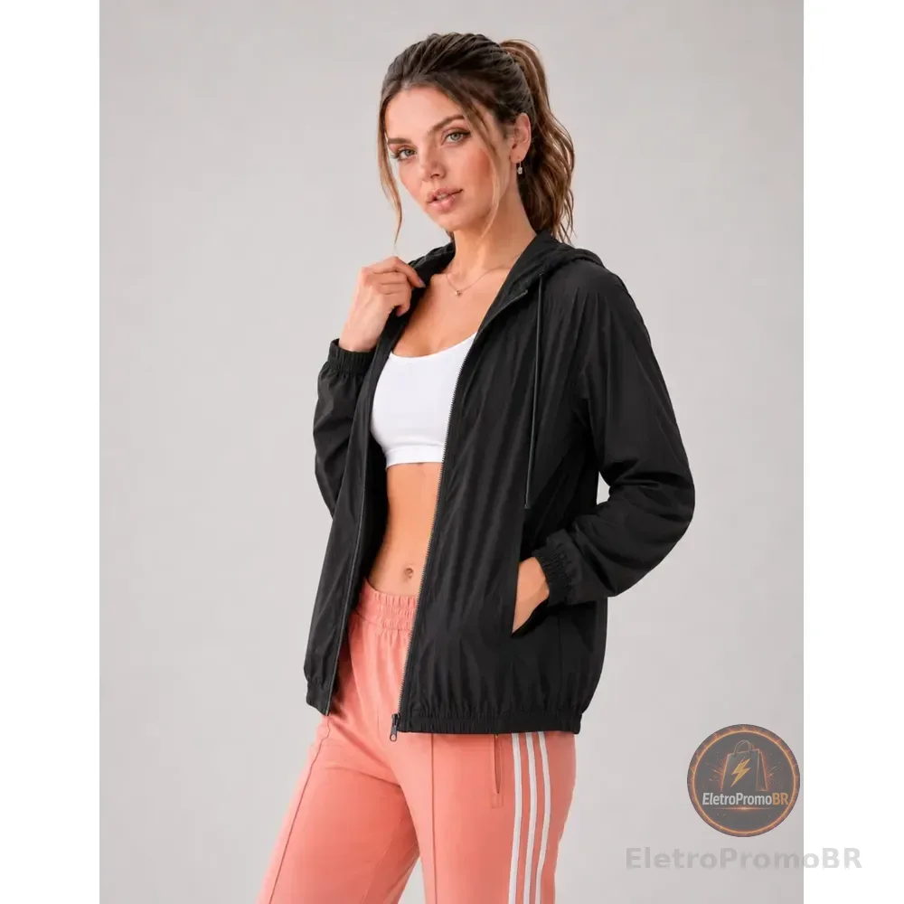 Jaqueta Feminina Iz Corta Vento Ultra Leve Com Capuz 2026 Preto G Lisa