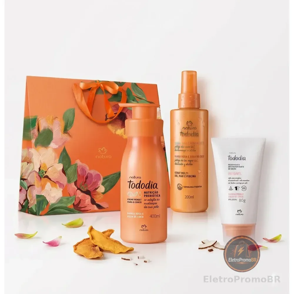 Kit Presente Tododia Manga Rosa E Água De Coco: 1 Spray Multi Sol 200ml + Creme Corporal 400ml + Deo Creme 80g + Sacola